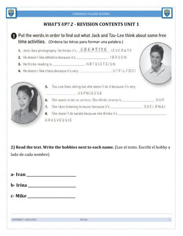 What’s up? 2 - revision contents unit 1