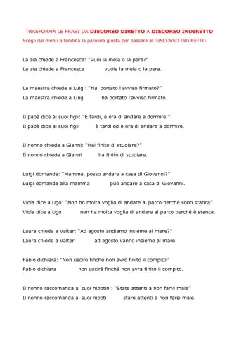 Trasforma le frasi in discorso indiretto
