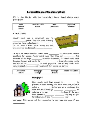 Personal Finance Vocabulary Cloze