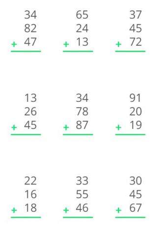 Suma de tres números de dos cifras con llevadas