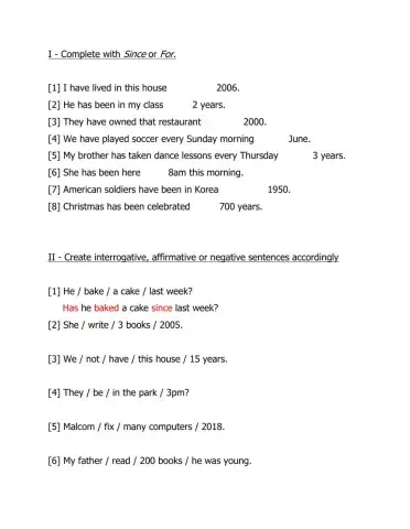 Present perfect, Since vs For
