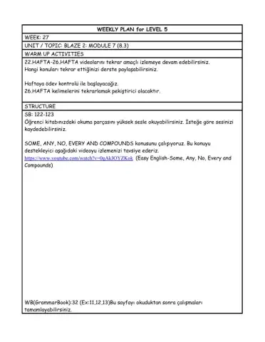 Level 5 weekly plan 27