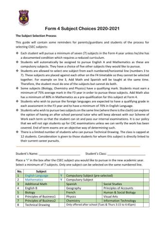 NGC Form 4 CXC CSEC Subject Selection
