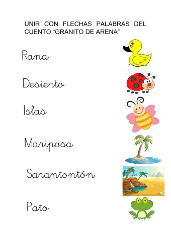 Unir con flecha. Vocabulario cuento Granito de Arena