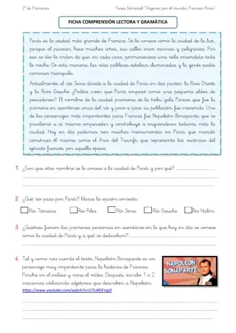 Ciudad de París. Comprensión lectora y gramática
