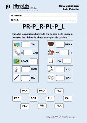 PL-PR: arrastra las sílabas y escribe las palabras