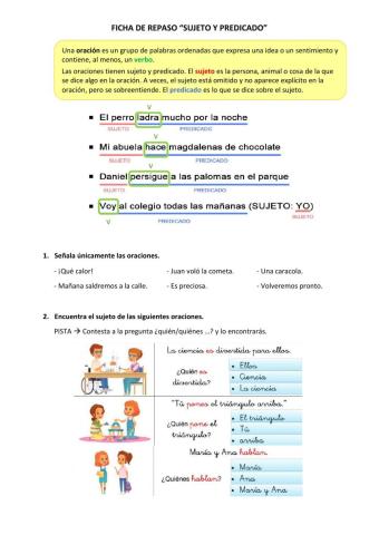 Ficha de repaso -SUJETO Y PREDICADO-