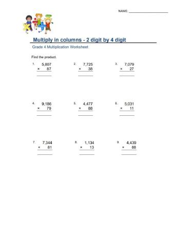 Multiply in Columns - 2-digit by 4-digit