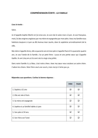 Compréhension écrite La Famille