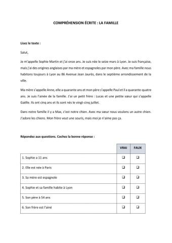 Compréhension écrite La Famille