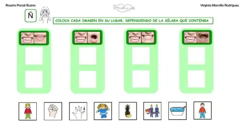 Clasificar sílabas con sonido Ñ en palabras, con articulemas.