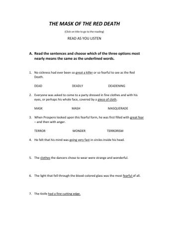 The mask of the Red Death worksheet