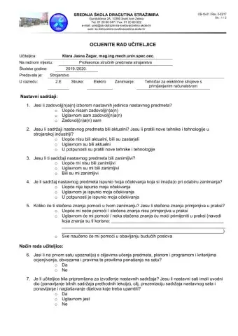 Anketni upitnik -Ocijenite rad učiteljice- 2.E