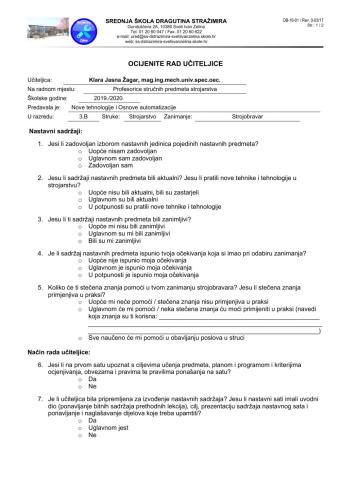 Anketni upitnik -Ocijenite rad učiteljice- 3.SB