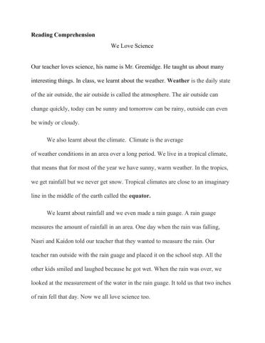 Comprehension :We Love Science