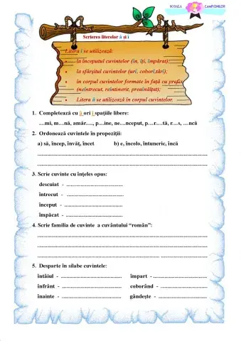 Scrierea cuvintelor care conțin literele â și î