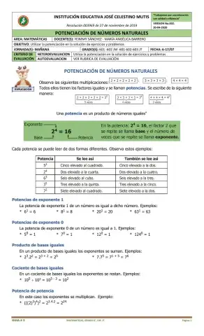 GUIA 6. POTENCIACIÓN DE NÚMEROS DE NATURALES