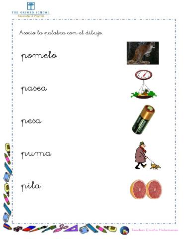 Asocie palabras familia sílabas p, m, l, s