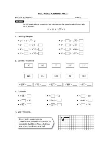 POTENCIAS Y RAICES  CUADRADAS