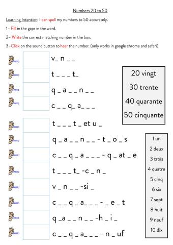 Spelling numbers 20 to 50