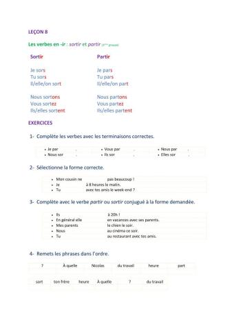 Leçon 8: Les verbes en -ir : sortir et partir