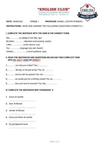 Examen de Inglés A1 - Cycle I