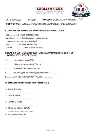 Examen de Inglés A1 - Cycle I