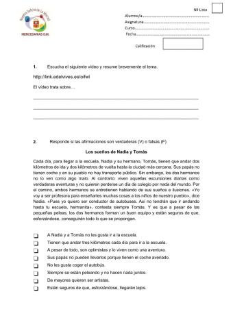 Evaluación Inicial Lengua 3º Primaria