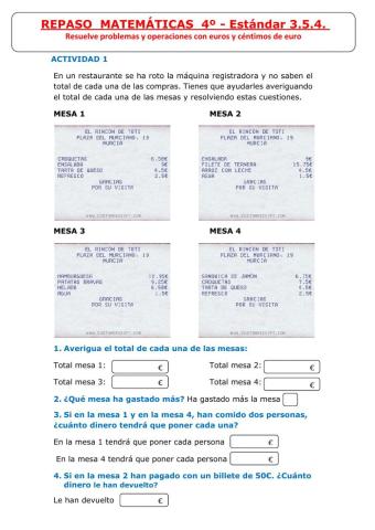 Estándar 354-Resuelve problemas con euros y céntimos de euro