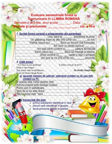 Evaluare finala semestriala CLR, cls III, semestrul al II-lea