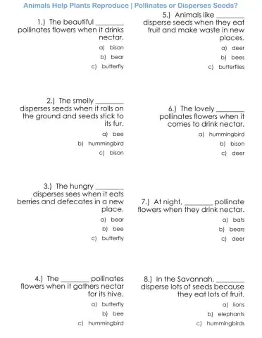 Animals Help Plants Reproduce - Pollinates or Disperses Seeds?