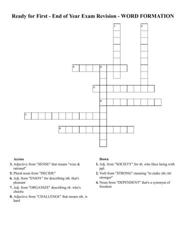 Ready for First - End of Year Exam Revision - WORD FORMATION CROSSWORD