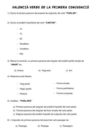 Valencià. Verbs de la Primera Conjugació