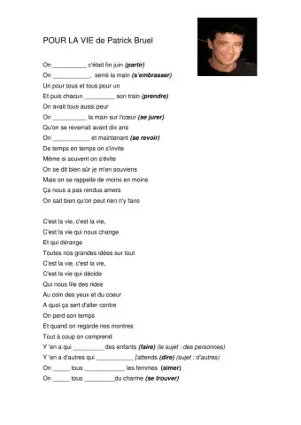 Paroles Patrick Bruel Pour la Vie Pasé Composé