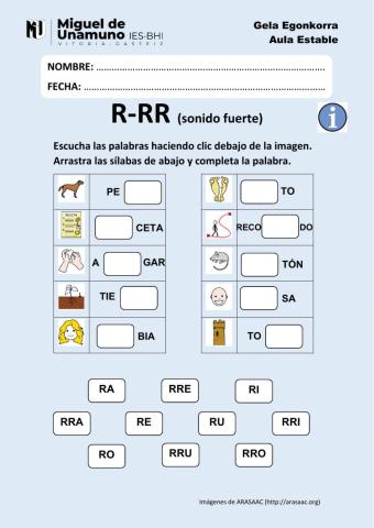 R-RR (r fuerte): arrastra las sílabas y escribe las palabras