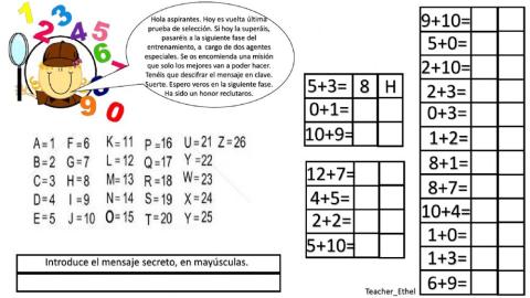 Sumas hasta el 20 y mensaje secreto