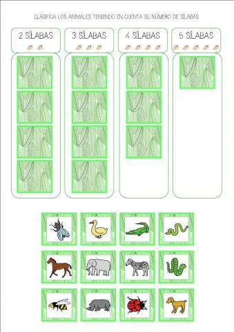 Clasificar animales por el número de sílabas
