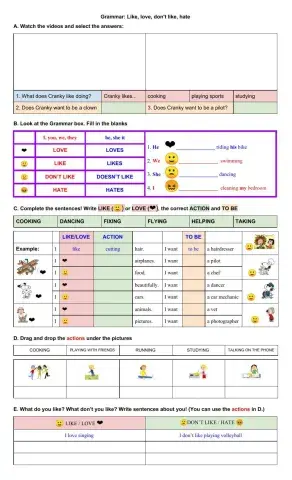 Grammar: love, like, don't like, hate