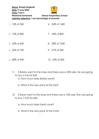 Percentage of amounts