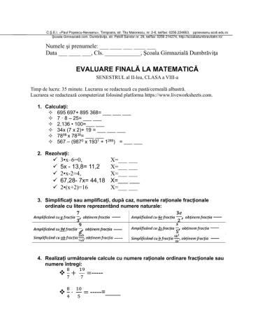 Evaluare finala semestriala Matematică, cls VIII, semestrul al II-lea