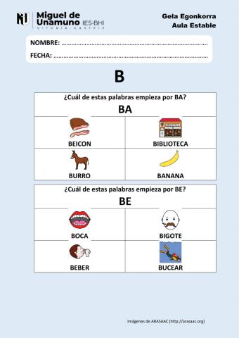 La B 2: Elige la que empieza por la sílaba…