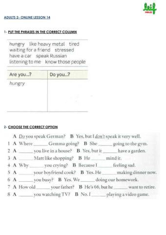 Adults 2- Lesson 14 WORKSHEET