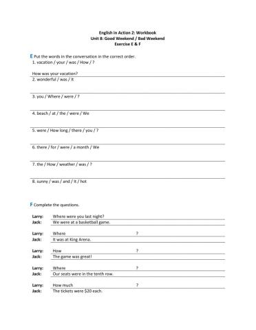 English in Action 2-Workbook- Unit 8 Exercise E-F Page 53