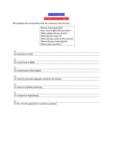 English in Action 2-Workbook: Unit 10 Exercise D Page 64