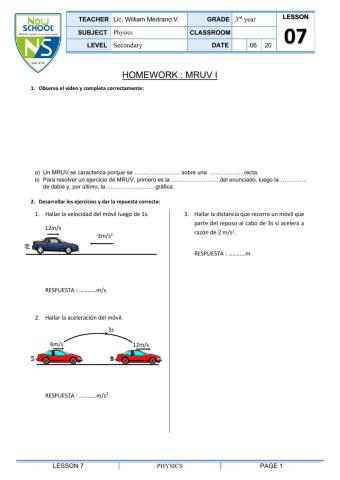 Homework- MRUV I 3°