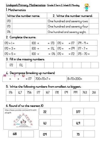 Mathamatics Term 2: Week 8: Monday: Number and number operations