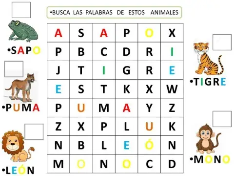 Sopa de letras: animales