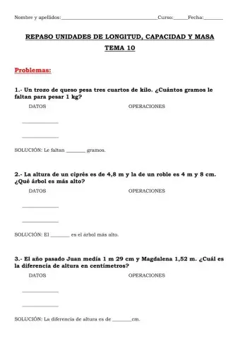 Longitus, capacidad y masa