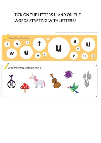 Letter U recognition and words with the letter
