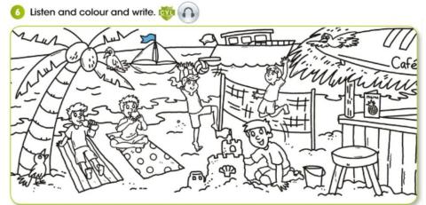 Listen, colour and write